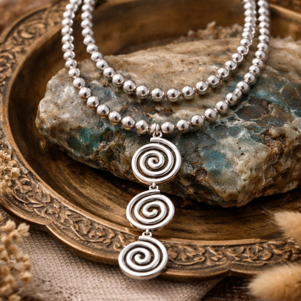 18K White Gold Plated Stainless Steel Layered Spiral Pendant Necklace Set Boho